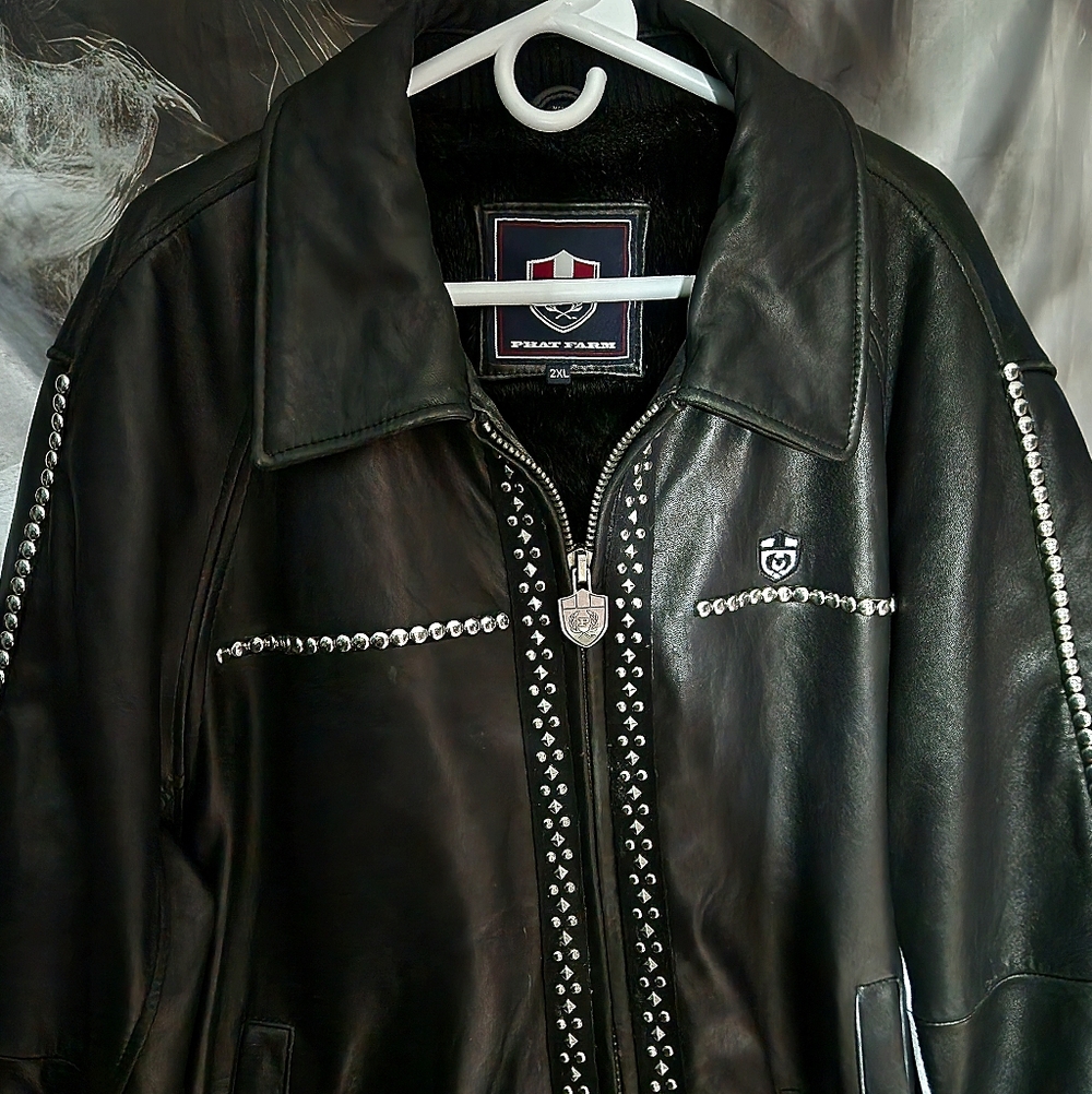 1 Of 1 Phat Farm Limited Edition Studded Premium Leather Coat Fur Lined 2X - Picture 14 of 14